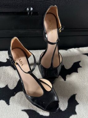 Prada Black Patent Leather T-Strap Peep Toe Heels